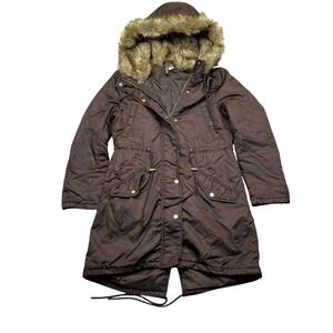 H&M Divided Women Brown Faux Fur Hooded Parka Jacket Coat Size 2 Grunge